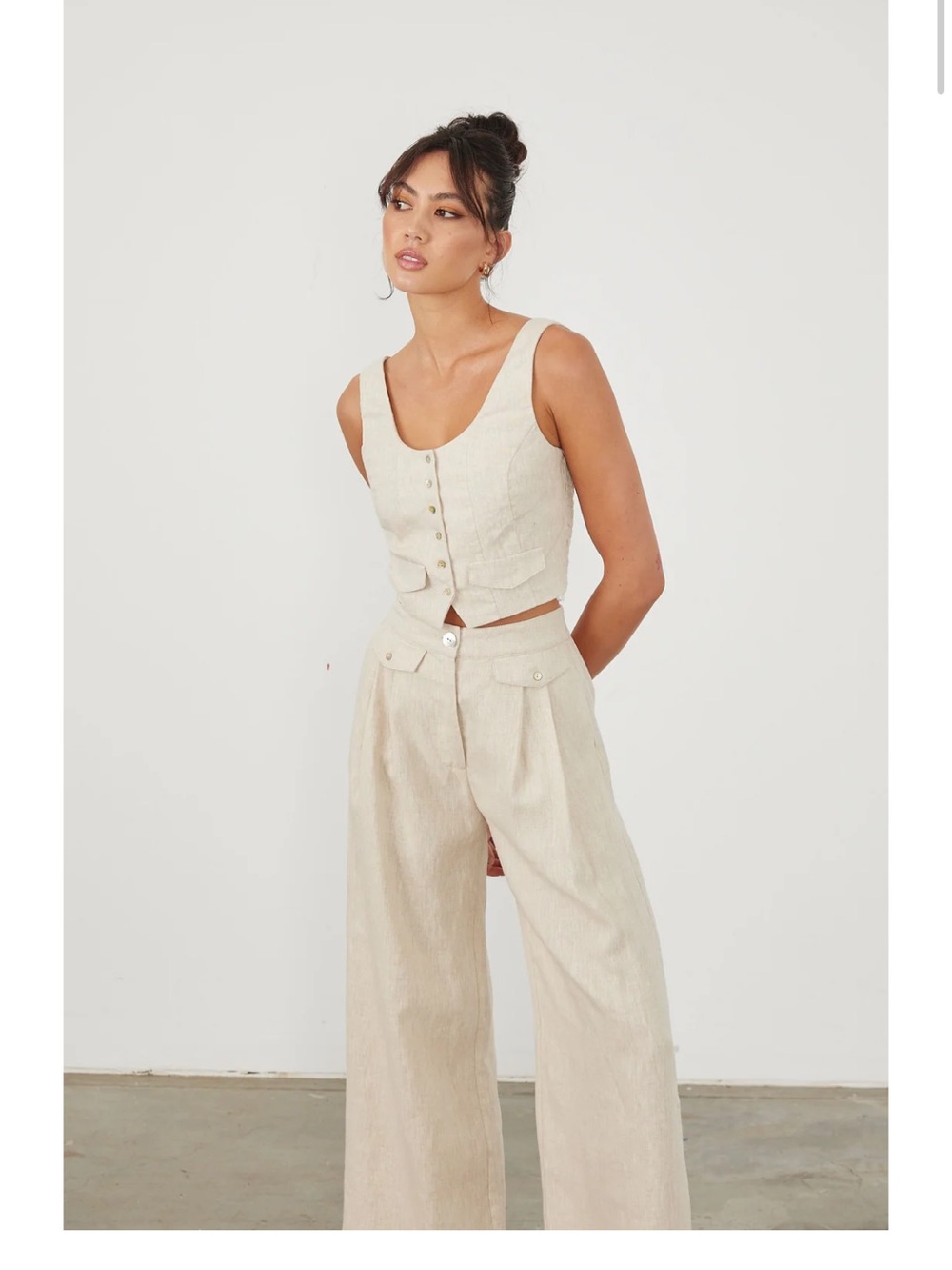 Sovere Linen Blend Tan Cropped Button-Front Tank Size Large
